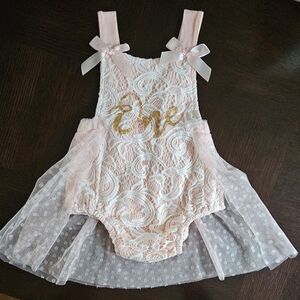 Pink Lace Baby Romper with Gold Embroidery